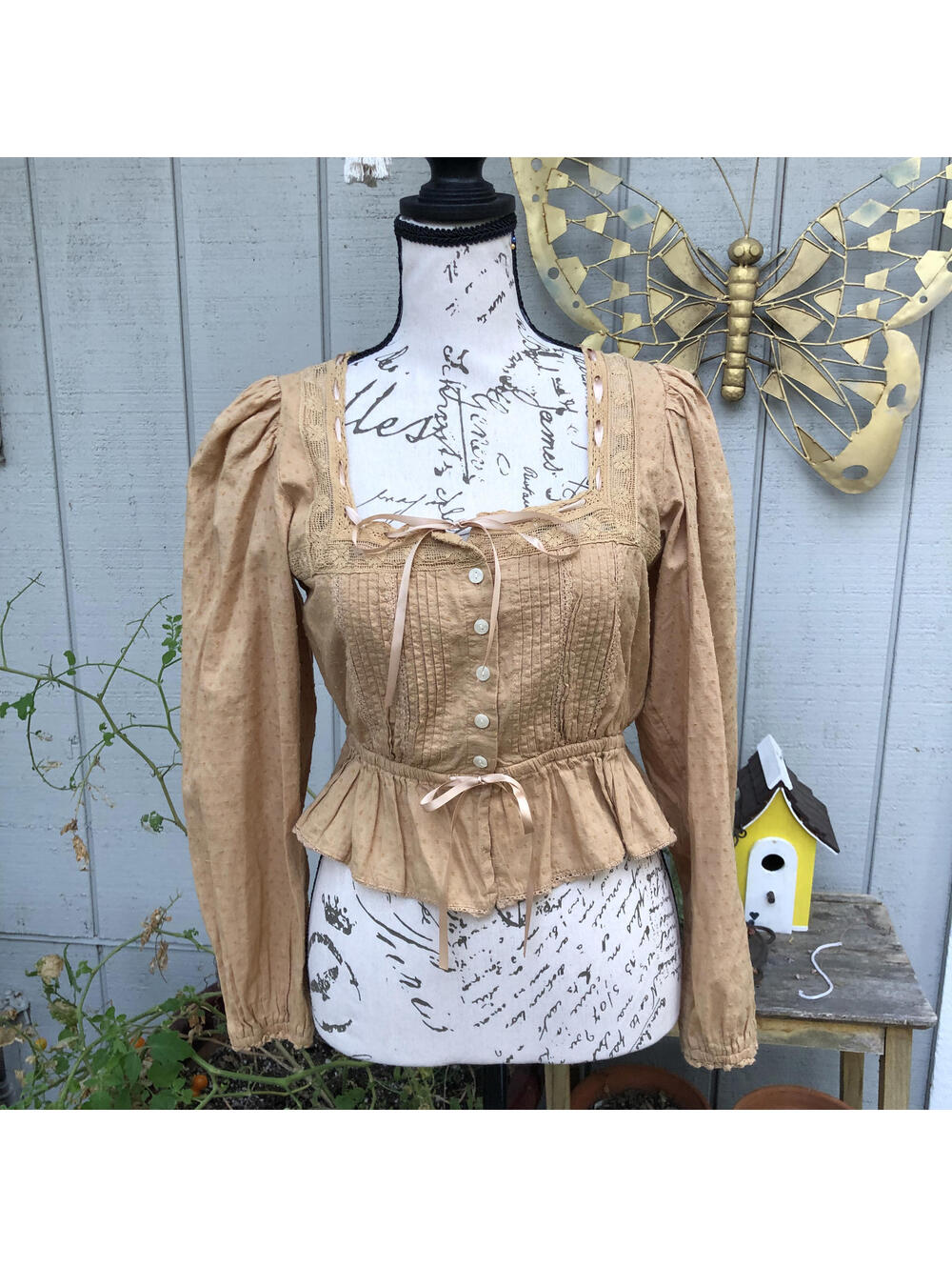 American Eagle Babydoll Peasant Tie Top Cottagecore Yellow Golden Flax Ribbon XS